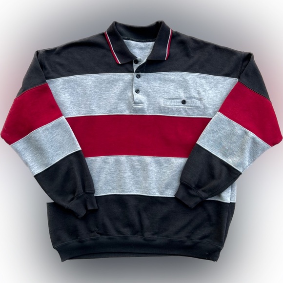 Men’s vintage 80s penguin color block polo red black grey collar sweatshirt gray - Picture 5 of 5